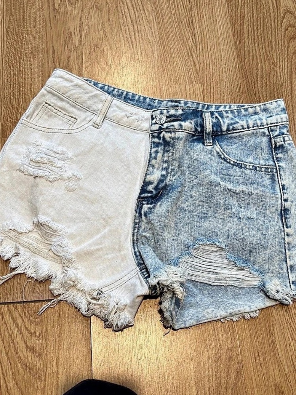 Two Tone Color Block Distressed Jean Shorts